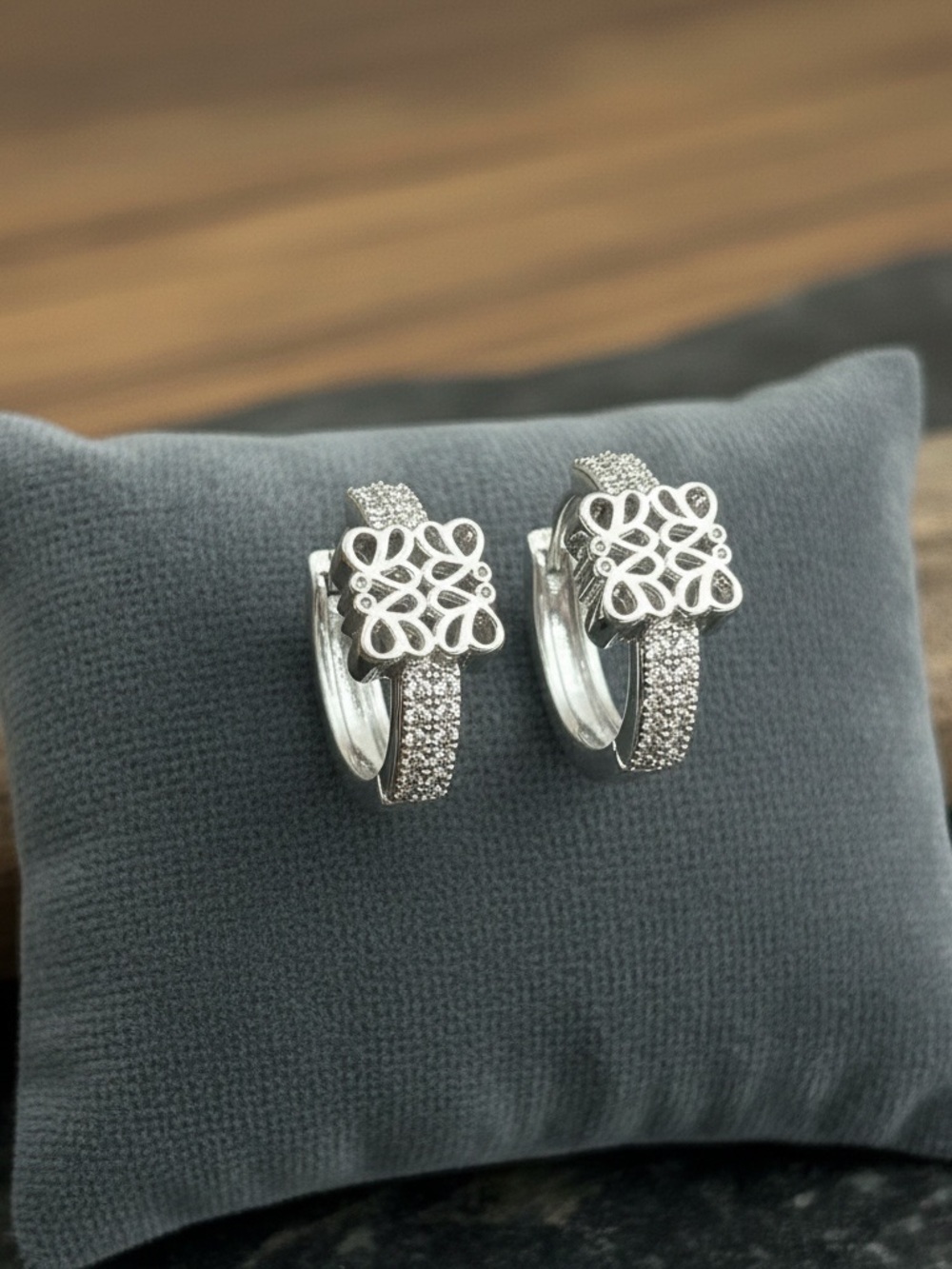 Sterling Silver Pavé Hoop Earrings with Filigree Accent - Silver